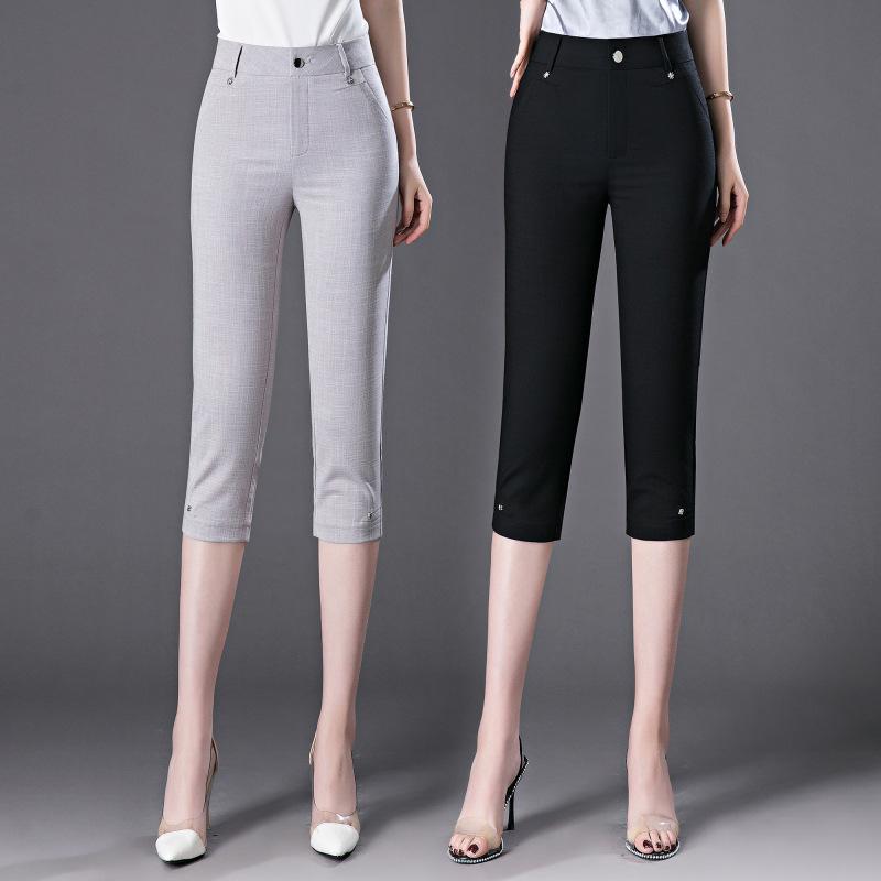 Long Pants - レディース 七分パンツ コットン リネン 混紡 ワイド レッグ 2024 夏 薄手 スリム フィット ベーシック カジュアル 女性 ボトムス アイスシルク 素材 中長丈 大きいサイズ 軽熟 スタイル ストレート シルエット 高腰 デザイン ジッパー メタ
