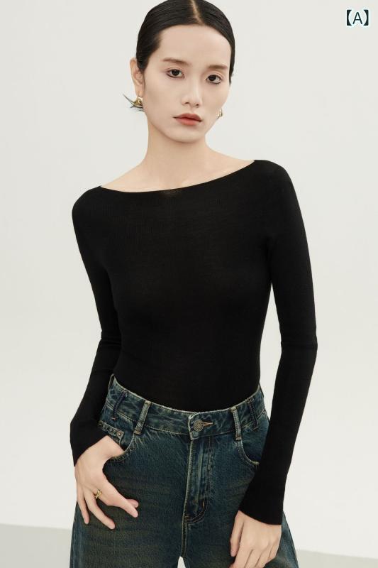 Long-Sleeved Knit - ニット トップス 女性用 長袖 無縫製 羊毛 インナー 修身 打底 セットアップ 秋冬 黒 白 ブラウン 緑 赤 グレー 純色 一字領 薄手 普通丈 日韓 カジュアル 慵懒 気質 优雅 95% 以上 羊毛 素材 セット 着用 普段使い 軽量 伸縮性 高級