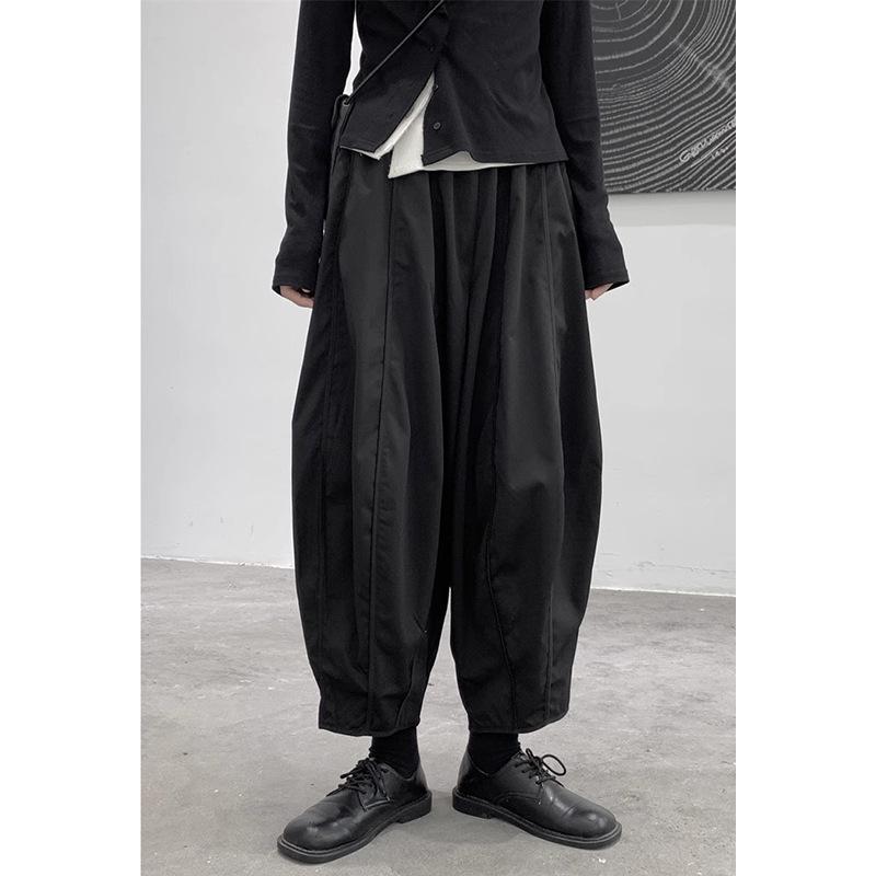 Capri Pants - レディース ハーレムパンツ ワイドレッグパンツ 九分丈パンツ コットン 素材 黒 深灰 気質 通勤 スタイル 都市風 薄手 切り替え デザイン 高腰 ゆったり シルエット 秋季 季節 オフィス 普段使い