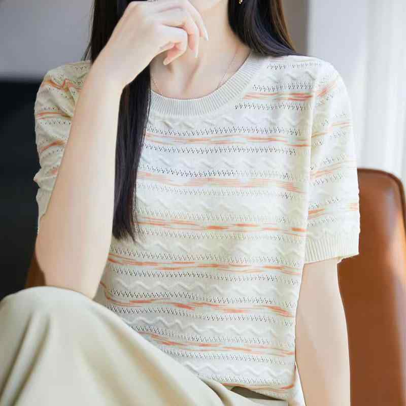 Tシャツ レディース 接触冷感 短袖 ニット トップス 丸首 三分袖 镂空 デザイン 切り替え ストライプ 柄 薄手 夏 春夏 韓系 カジュアル オレンジ 紫 緑 藍 黒 日常使い 通勤 軽量 再生繊維 90% 気質 优雅