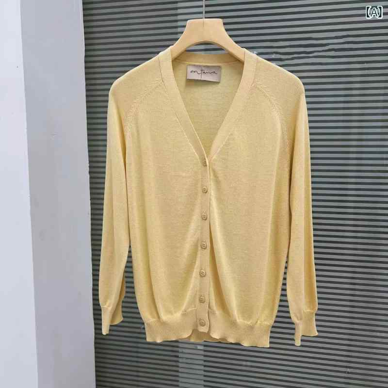 Short Sleeve Knit - カーディガン レディース 麻 Vネック 長袖 切り替え 開衫 薄手 純色 トップス 通勤 気質 秋季 浅黄 豆沙紅 黒
