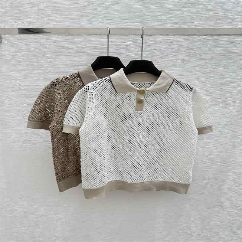 Three-Quarter Knit - トップス レディース ポロシャツ 女性用 短袖 ニット 透け感 ダイヤ柄 格子柄 立体柄 3D 綿素材 薄手 通気性 気質 通勤 セットアップ 白色 驼色 春夏