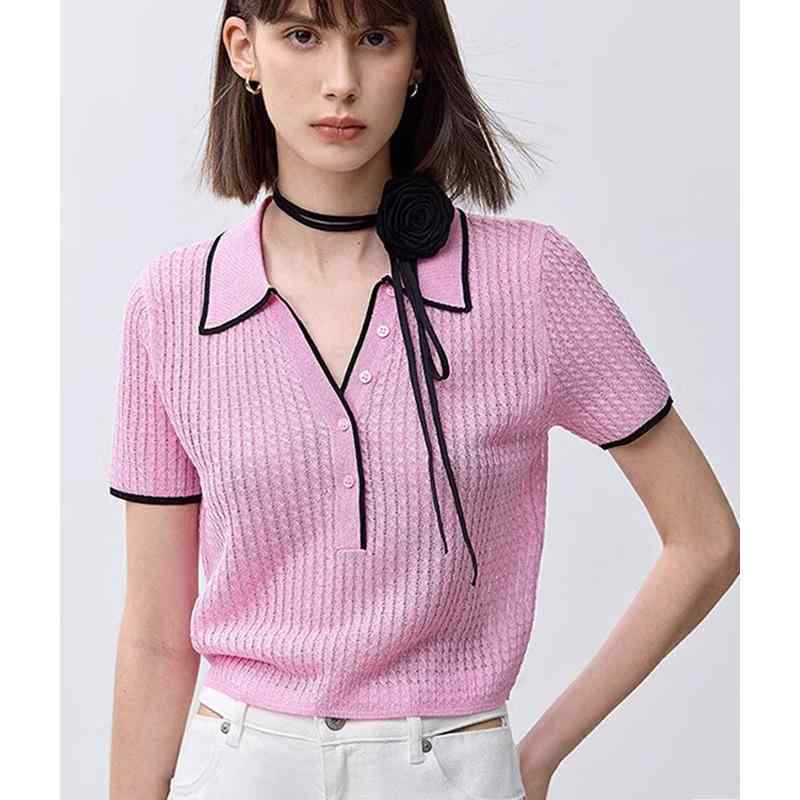 Three-Quarter Knit - レディース ニット トップス Vネック 短袖 POLO領 軽量 透気 切り替え 3D立体 再生繊維 薄手 ゆったり かわいい 春 ミントグリーン ピンクパープル 清新 甘め デイリー 普段使い 室内着 セットアップなし