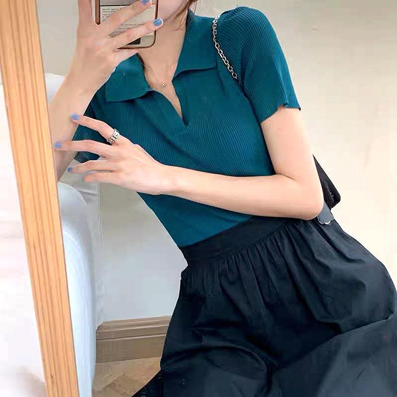 ポロシャツ レディース Vネック 修身 針織 短袖 Tシャツ 女性用 デザイン 短款 上衣 ポリエステル 純色 中厚 セットアップ ポロ領 三分袖 短丈 セットオン 爽やか 甘め 着こなし グレー ブラック 杏 黄色 インクグリーン ブルー ブリックレッ