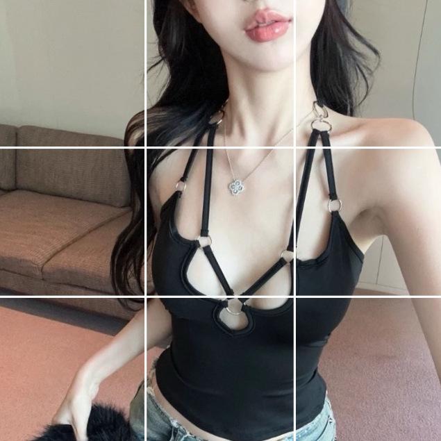 乐天商城 - レディース トップス ハングネック 吊り帯 キャミソール タイバック タイスタイル セクシー クロッチェット チューブトップ ブラック 修身 純色 ポリエステル 涤纶 95% 中弾力 夏 私服 名媛風