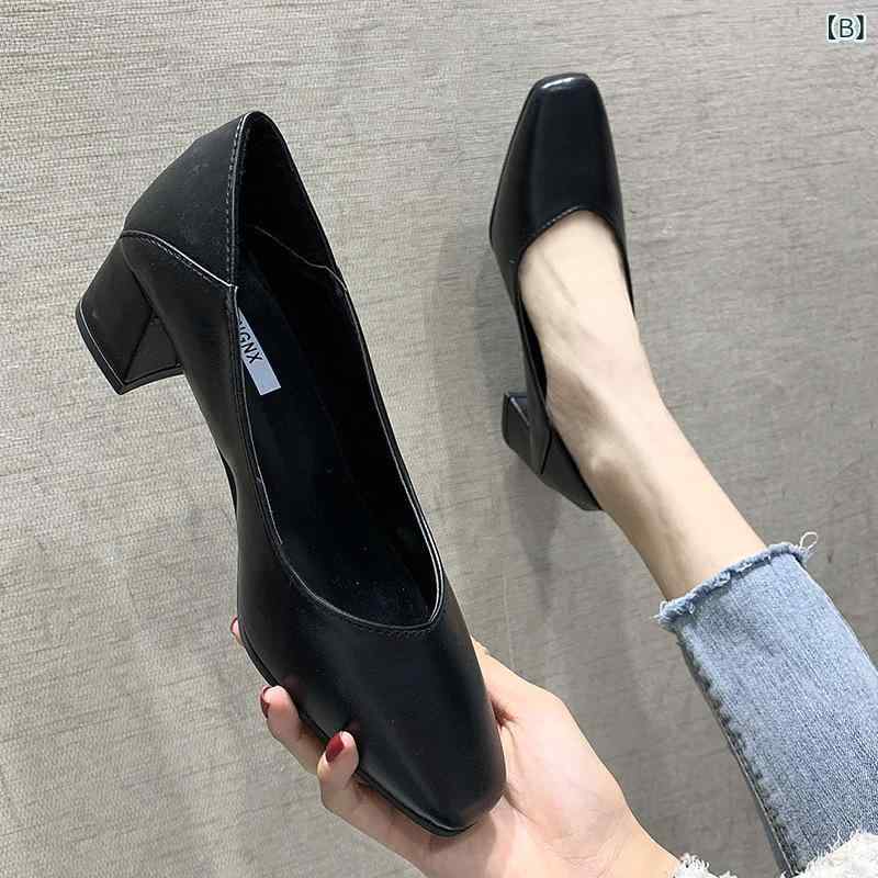 女性用 単鞋 フラットシューズ 中ヒール ローヒール スクエアトゥ ローカット 仕事用 日常用 通勤用 人造PU素材 純色 秋 ブルー 黒 ベージュ 低めヒール 粗ヒール 粘着底 セットオン ラバーソール 汎用 シンプルスタイル 軽量 快適 履きやすい remake-buddy-10285600 リメイクバディー サンプル画像3