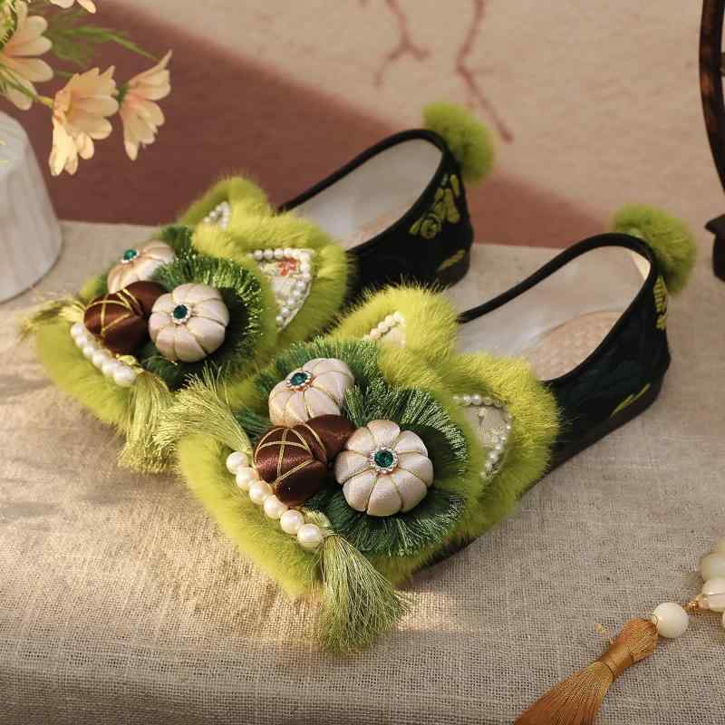 Shoes - 女性用 平底単鞋 虎頭靴 復古 民族風 緑 樹葉柄 甘いスタイル 丸頭 低幫 綿内里 缎面素材 日常使い 春夏秋用 包頭デザイン セットオン 汎用 カートゥーン柄 低フォール 合成底 テキスタイルインソール グリーンカラー