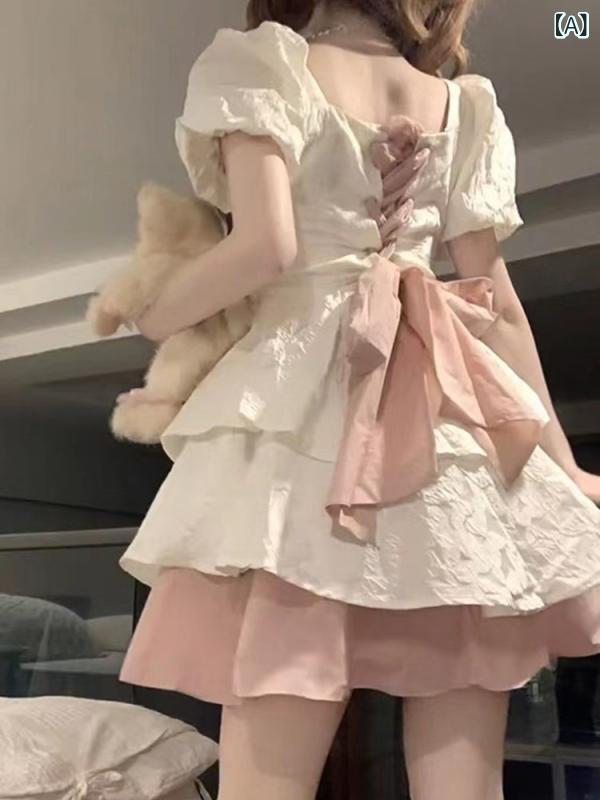 乐天商城 - ワンピース 女の子 かわいい 泡泡袖 方領 短袖 短スカート 蓬蓬スカート 高腰 切り替え 純色 ポリエステル 甘いスタイル 清新 夏 セットアップ 単品
