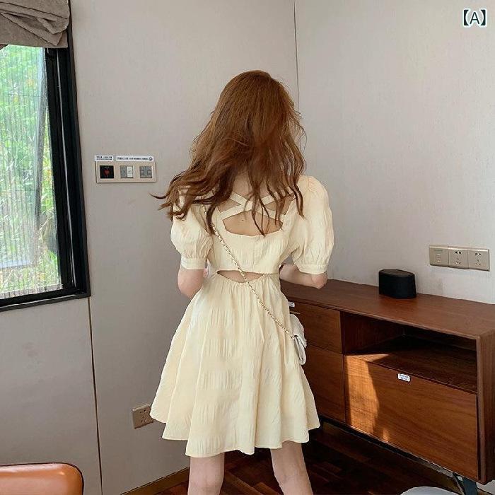 乐天商城 - ワンピース レディース かわいい 初恋 甘め ミニ丈 Aライン スカート 泡泡袖 短袖 Vネック ハイウエスト 背中開き 格子柄 切り替え 黄色 夏 気質 通勤 基本款 単品 セットアップなし ポリエステル 涤纶 50-70% 短款