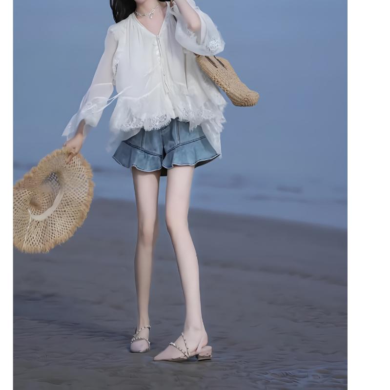 レディース セットアップ 春夏 トップス スカート かわいい 韓系 切り替え レース シャツ デニム フレア ショートパンツ 私服 化粧繊維 混紡 涤纶 ポリエステル 無袖 プリンセス スリーブ 御姐風 名媛 スタイル 純色 シルク 加工 白色
