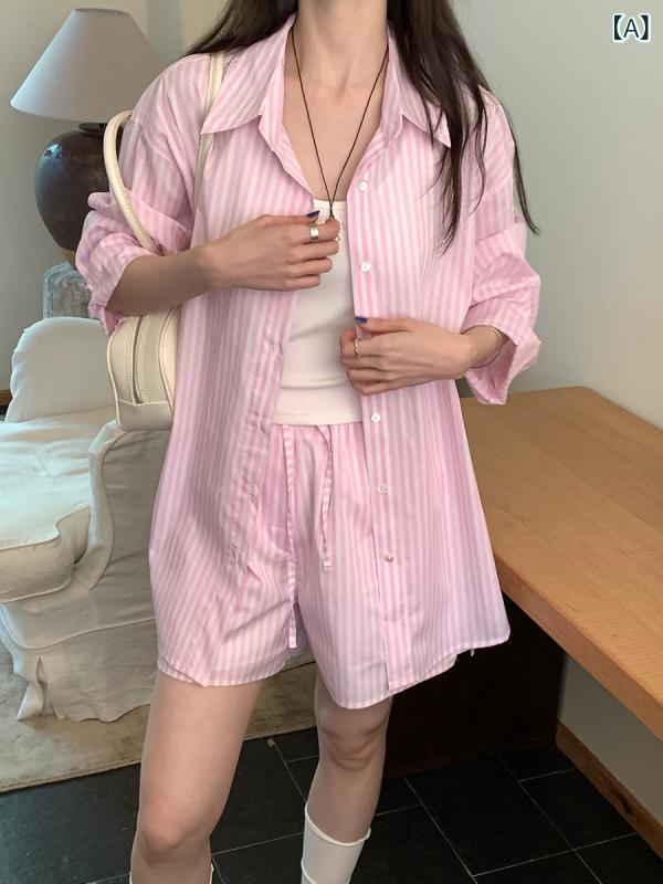 Other - レディース 防晒 シャツ 長袖 ボタン 切り替え コットン 綿 ニット ピンク 夏 春夏 セット トップス 高腰 ストライプ ワイドレッグ ショートパンツ 三分丈 ピンク 夏 春夏 日韓 カジュアル スタイル ゆったり ルーズ フィット 多用途 普段使い