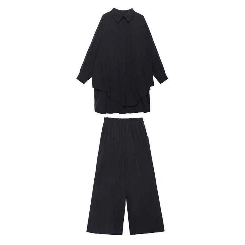 Other - レディース セットアップ 長袖 シャツ ワイドパンツ 黒 春夏 涤纶 素材 切り替え デザイン ゆったり 大きめ サイズ 気質 優雅 日韓 スタイル 休闲 ファッション 気軽 普段使い シルエット すっきり トップス ボトムス 組み合わせ 涼しい 通気性