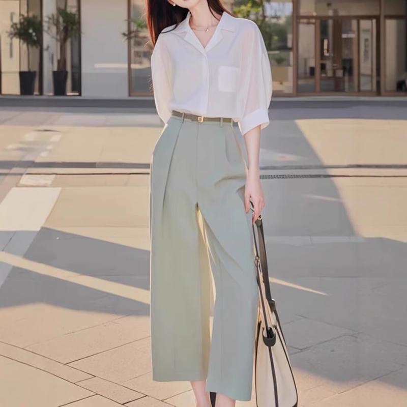 乐天商城 - レディース シャツ トップス ブラウス ボタン シャツ 半袖 シャツ ワイドレッグパンツ クロップドパンツ ショートパンツ ポリエステル 素材 セットアップ ツーピース 女性用 通勤 コーデ オフィス スタイル 夏 涼しい 気質 ビジネス 気軽 洗濯 簡
