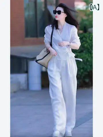 乐天商城 - レディース セットアップ 春夏 シャツ ワイドパンツ 雪紡 ポリエステル 混紡 Vネック デザイン 七分袖 長ズボン 純色 シルク加工 系帯 デザイン 気質 優雅 私服 名媛風 気質 優雅 休闲 セット トップス ボトムス ハイウエスト ゆったり シルエ