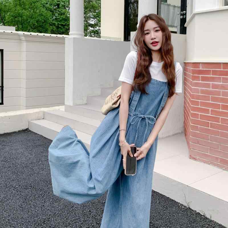レディース トップス Tシャツ セット 夏 ブルー ストライプ デニム 素材 背広パンツ ワイドレッグ ロングパンツ ロンパース 涤纶 ポリエステル 肌理感 立体 3D 効果 免烫 処理 日韓 カジュアル スタイル 休日 普段使い 軽量 通気性 涼しい