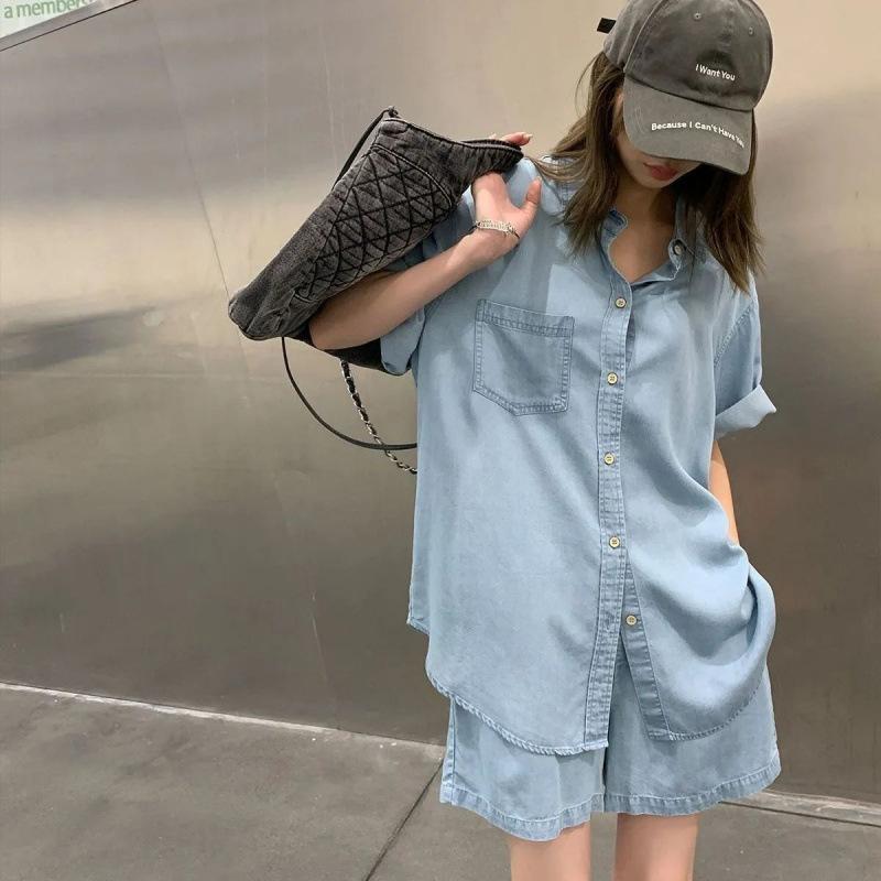 レディース セットアップ デニム風 短袖 シャツ ワイドレッグ ショートパンツ 2点セット 夏 涤纶 ポリエステル 95%以上 韓風 ルーズ ボ..