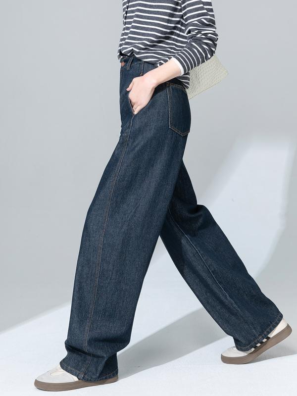 Cropped Pants - レディース 牛仔パンツ 直筒 ハイウエスト 長ズボン レイセル 綿 素材 微弾性 水洗加工 春季 シンプル デイリー スタイル ブルー ゆったり シルエット 軽量 伸縮 デニム 風