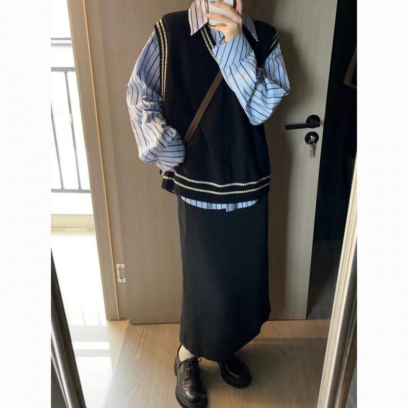 Rakuten - レディース トップス セット かわいい 薄手 Vネック ベスト ニット 学生服 韓国風 ストライプ シャツ 通勤 普段使い 都市スタイル ポリエステル 切り替え 長袖 気質 ブラック ストライプ