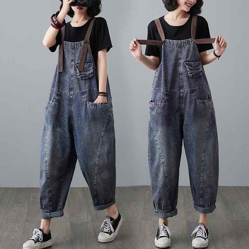 Long Pants - レディース デニム 吊りスカートパンツ 秋季 ゆったり 韓国風 外出用 吊り帯 スリム ロングパンツ コットン 高腰 ボタン 通勤 気質 スタイル 綿素材 長丈 デニム生地 ワイドシルエット