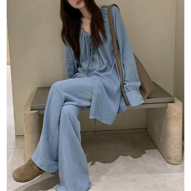 Other - レディース セットアップ シャツ ワイドパンツ アイスブルー 涼感素材 ポリエステル 切り替えデザイン ゆったりシルエット 長袖 ロング丈 気質 通勤 都市スタイル オールシーズン 軽量 通勤用 普段使い 涼しい 柔らかい 落ち感 スタイリッシュ コーデ