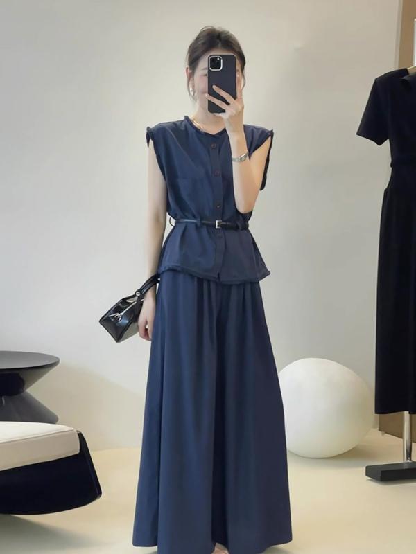 樂天商城 - レディース トップス インナー セットアップ 夏 涼しい 無袖 丸首 ウエストイン ワイドパンツ ロング丈 ナビー 紺 3D柄 切り替え デザイン ポリエステル 素材 韓風 カジュアル スタイル ゆったり シルエット 日常使い 外出着 通勤 休日 コーデ