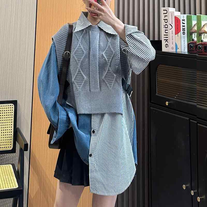 レディース 毛衣 背心 セット 秋冬 牛仔 シャツ ニット ベスト ルーズ デザイン 不規則 切り替え ストライプ チェック パターン 復古 スタイル 長袖 トップス セットアップ 気質 優雅 ポリアミド 素材 グレー 黒