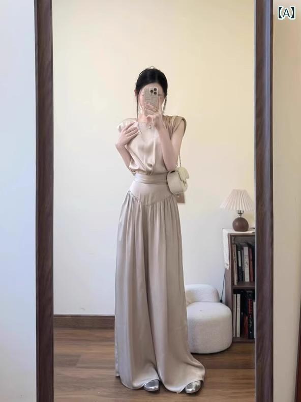 Other - レディース セットアップ ノースリーブ シャツ バックストリング デザイン サテン 素材 ドレープ 感 ロングパンツ ワイドレッグ ポリエステル 繊維 涤纶 生地 垂感 垂れ感 女性用 夏 夏季 通勤 普段使い デイリー コーデ 軽量 涼しい 風通し 良
