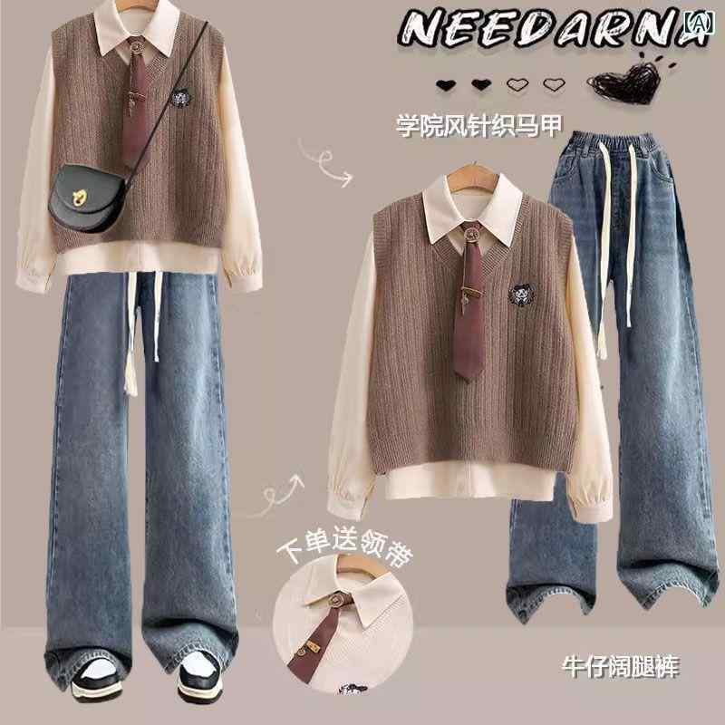 Other - レディース セットアップ 春夏 長袖 シャツ ニット ベスト 牛仔パンツ 3点セット かわいい 学院風 宽松 スタイル 涤纶 素材 清新 甘美 杏 藍 咖 灰 米杏 カラーバリエ 長ズボン 常规袖 休闲 裤装 女学生 韩版 潮