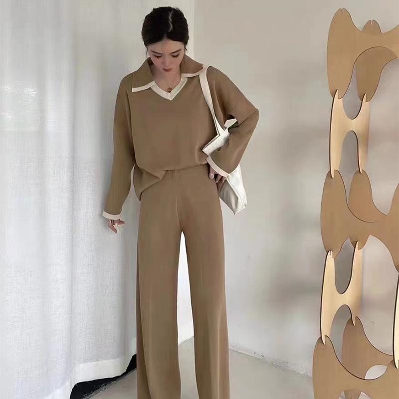 Other - レディース ニット セットアップ ポロカラー トップス ワイドパンツ 切り替え 無袖 プリンセススリーブ ゆったり デザイン 私服 名媛 御姐風 スエード調 再生繊維 伸縮性 黒 杏 茶 黒 杏 茶 春季 オールシーズン 普段使い 軽量 通勤