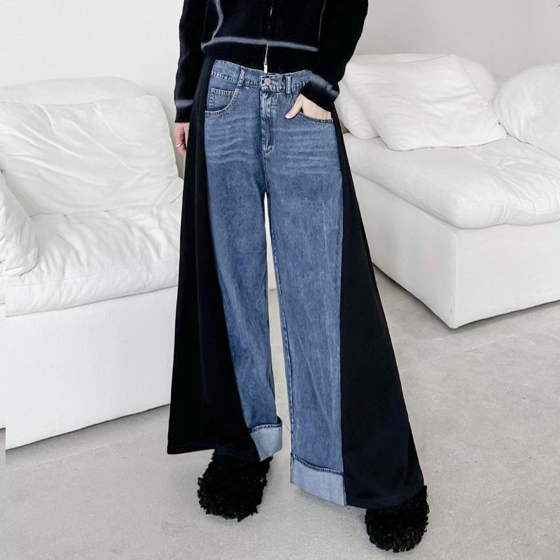 Other - 牛仔パンツ レディース 秋冬 黒 ワイドレッグ ハーレムパンツ 九分丈 ゆったり腰回り クラッシュ加工 切り替えデザイン コットン ポリエステル混 無弾性 ストリートスタイル 個性派 カジュアル デニム ストリートファッション