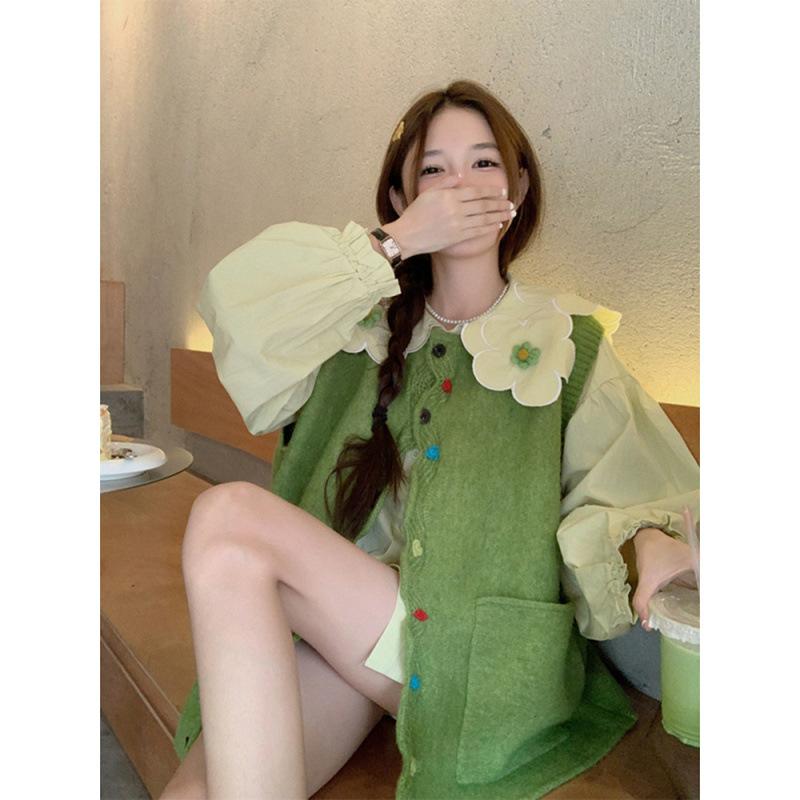 乐天商城 - レディース セットアップ 秋季 花柄 ドールカラー 長袖 シャツ ソフト ゆったり ニット ベスト 緑 都市 通勤 スタイル 刺繍 ボタン 切り替え ポリアエステル 気質 ファッション ゆったり サイズ 80-300斤 対応 花 プリント 加工
