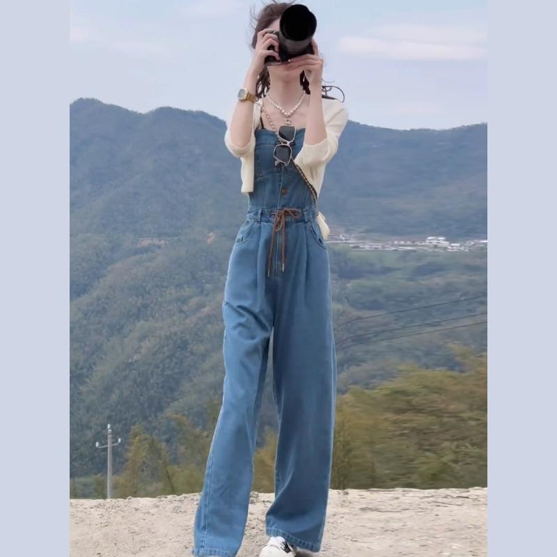 Women's Clothing - レディース 夏季 ニット 防晒 開衫 デニム ワンピースパンツ ツーピース セット 休闲 女性服 雪ニール 氨纶 素材 杏 黒 緑 浅ブルー 深ブルー 純色 做旧 加工 免烫 公主袖 無袖 私服 御姐 スタイル 上衣 セット 接触冷感 軽量 通気性 伸縮