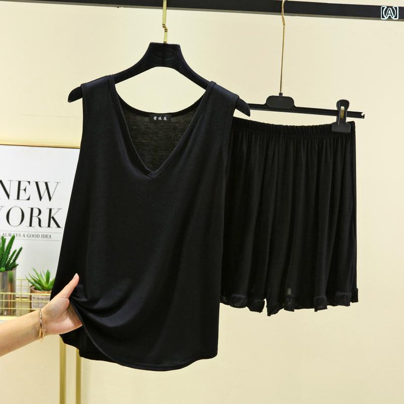 Other - レディース 夏用 ベーシック トップス ショートパンツ セット モダール 混紡 無袖 Vネック ニット加工 薄手 ゆったり シルエット 日韓風 カジュアル ルームウェア 黒 緑 ピンク 春夏 適用 日常 休日 室内 外出 快適 柔らかい 肌触り 吸収 速