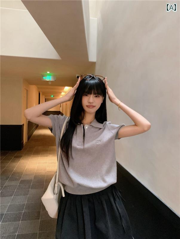 レディース トップス ポロ 襟 ゆったり 肩正 半袖 ニット 綿 素材 プリンセス袖 スカート ハイウエスト 半身 春夏 セット かわいい 私服 御姐風 3D 立体 柄 シルク 光加工 日常使い 軽量 涼しい ブラック ピンク アイボリー