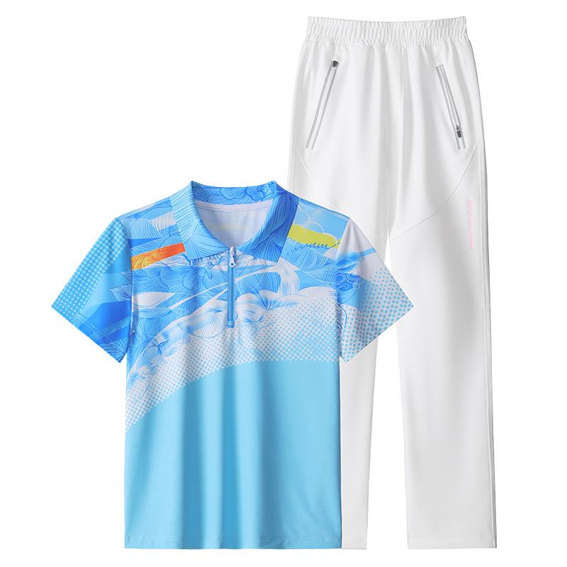 レディース 速乾 スポーツ セットアップ 2025 夏 透気 翻領 半ジッパー 短袖 Tシャツ 長ズボン ランニングウェア ツーピース ピンク ブルー ホワイト ブラック ポリエステル スパンデックス 切り替え 彩色 プリント アイロン不要 処理 日常