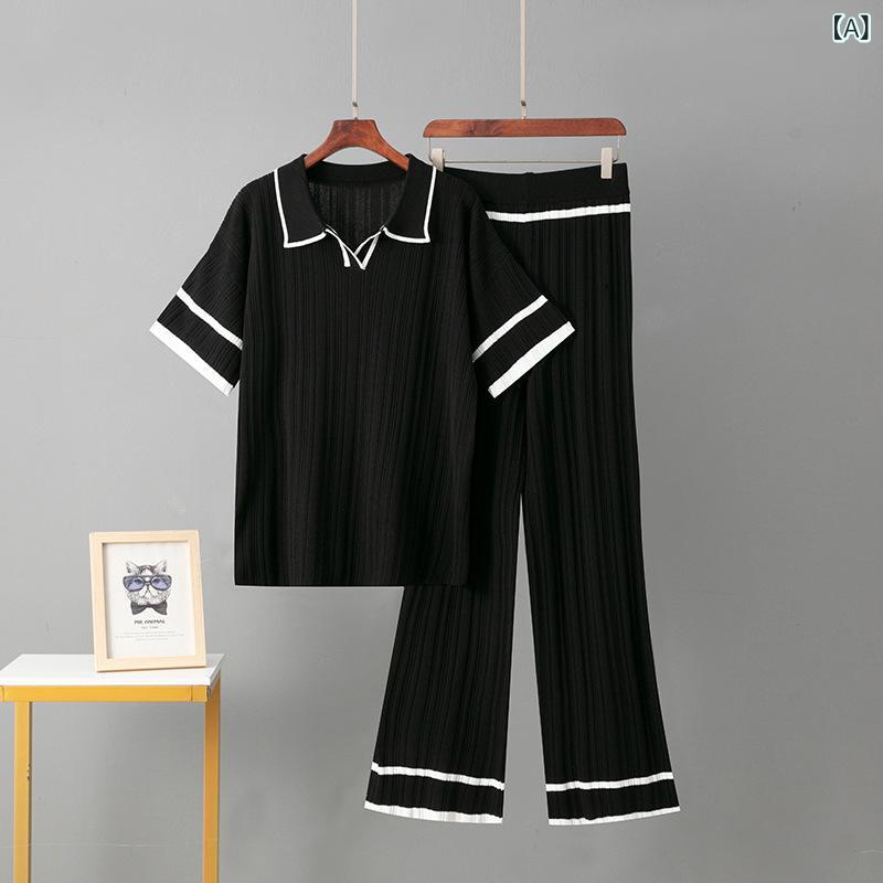 レディース トップス ポロシャツ 短袖 ニット パンツ セット 夏 黒 キャメル カーキ 粘着繊維 ゆったり スリム 通勤 気質 快適 日常使い 切り替え ハイウエスト 長ズボン 無袖 袖なし スタイル