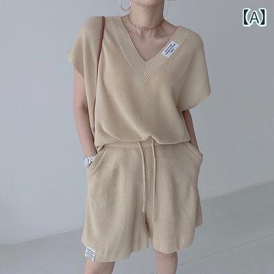 Other - レディース ニットトップス 短袖 Vネック ゆったり 切り替え 綿 アクリル混 快適 レディース ショートパンツ ハイウエスト ドローストリング ワイドレッグ 5分丈 綿 アクリル混 快適 セットアップ 杏 ピンク 黒