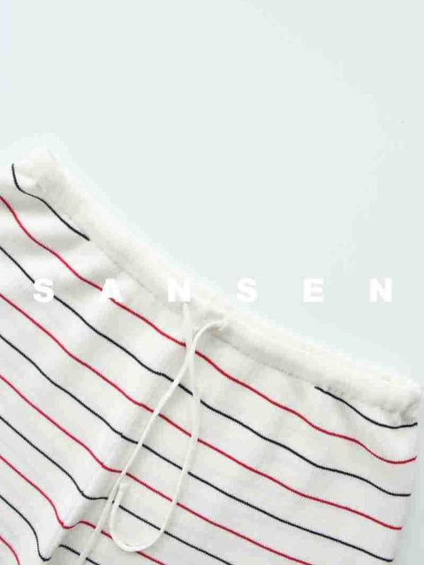 レディース セットアップ トップス 短パン 条紋柄 防晒 Tシャツ 伸縮ウエスト 軽量 アセテート 綿混 紡績 長袖 気質 通勤 スタイル 春夏 秋 オールシーズン アイスブルー グレー ホワイト アイボリー ブラック レッド 薄手 涼しい 女性 休闲