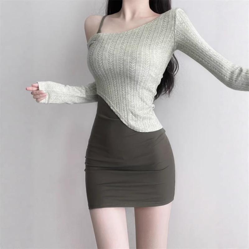 レディース ニット 長袖 Tシャツ セット デニム ミニ スカート 包臀 タイト フィット セクシー スパイシーガール ピュア スタイル 緑 軍緑 マカロンカラー ポリエステル 繊維 95%以上 都市風 日韓 スタイル カジュアル セットアップ 四季通用