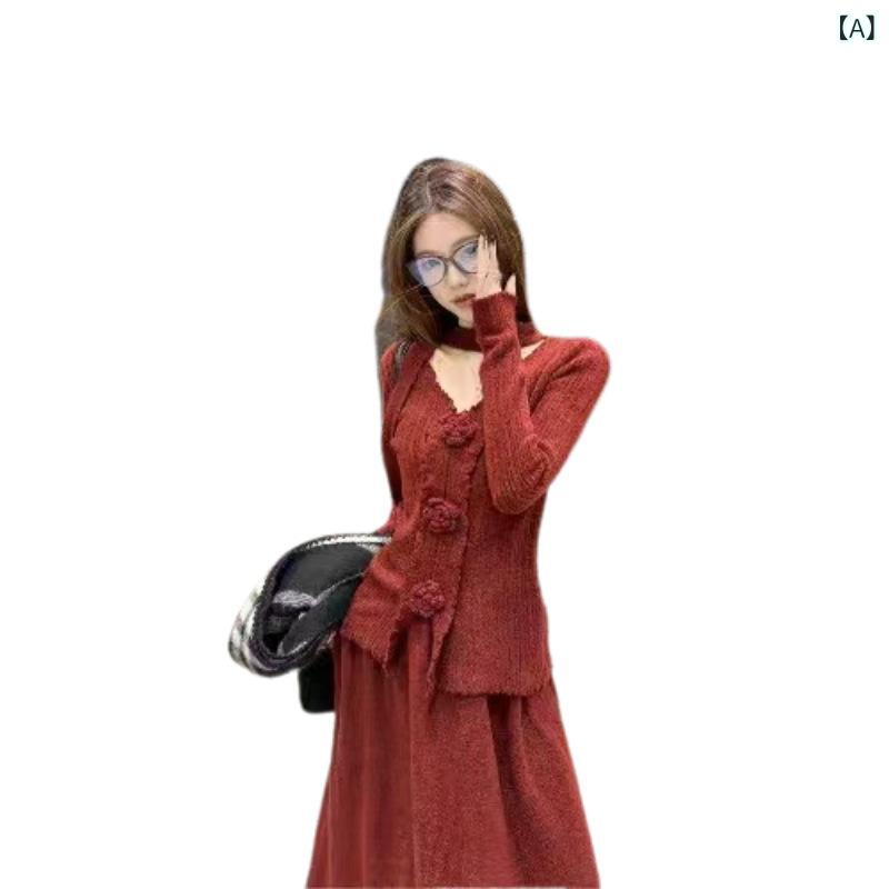 レディース ニット トップス スカート セット 気質 デザイン 立体 花 モチーフ プリント 加工 長袖 フレア 袖 タイプ 長丈 スカート ニット 素材 アクセリー リボン 装飾 ファッション 2点 セット カジュアル スタイル 都市 通勤 コーディネ