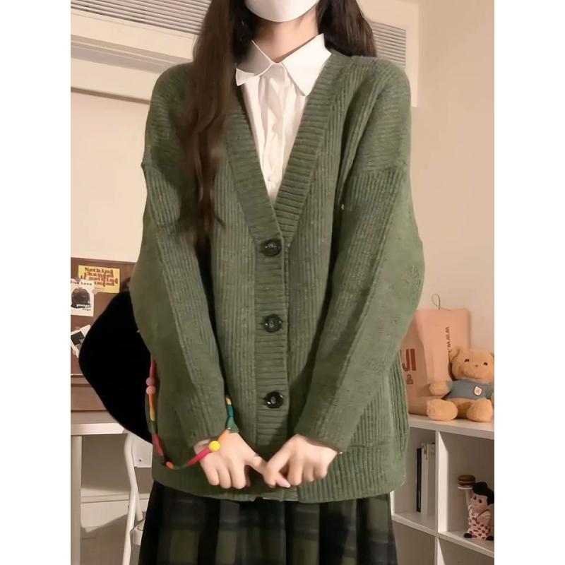 乐天商城 - レディース セットアップ 秋 森ガール 緑 Vネック カーディガン 学生 毛衣 格子柄 プリンセス袖 半身スカート 長袖 シャツ 白 緑 雪ニール 氨纶 私服 名媛 御姐風 切り替え 軽量 伸縮性 通勤 普段使い 秋冬 私服 セット 緑 白 学生服 森系