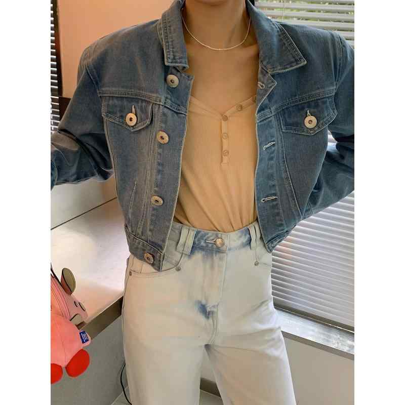 レディース ジャケット 浅色 デニム ショート丈 春季 スタイリッシュ フード付き 外套 肩パッド 取り外し可能 通勤風 気質 通勤 スタイル 長袖 ポロ領 単品 牛仔布 純色 ライトブルー 成人女性用