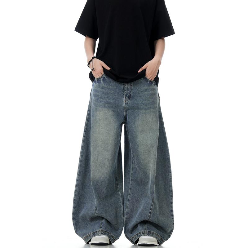 Pants - メンズ ジーンズ デニムパンツ ヴィンテージ風 ブルー 直筒 ワイドレッグ バギー ミッドライズ ボタン 長丈 ゆったり コットン 素材 日常使い オールシーズン カジュアル ストリート ファッション ゆったりシルエット 洗い加工 加工 無弾性 スタンダ