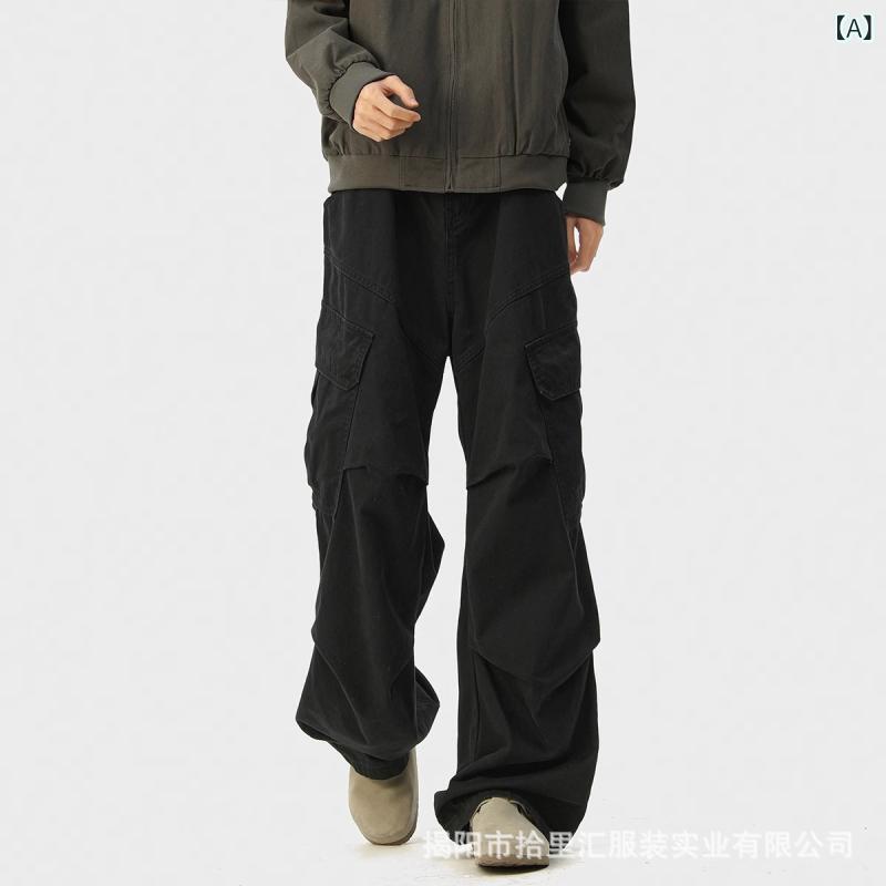乐天商城 - メンズ 工装パンツ 春秋 綿 素材 切り替え デザイン 多ポケット 直筒 ワイドレッグ ミッドライズ ボタン 開襟 マイクロストレッチ 耐摩耗 ノーアイロン 黒 軍緑 コーヒー 杏 色 ゆったり シルエット 長丈 青少年 向け 休日 スタイル ポケット