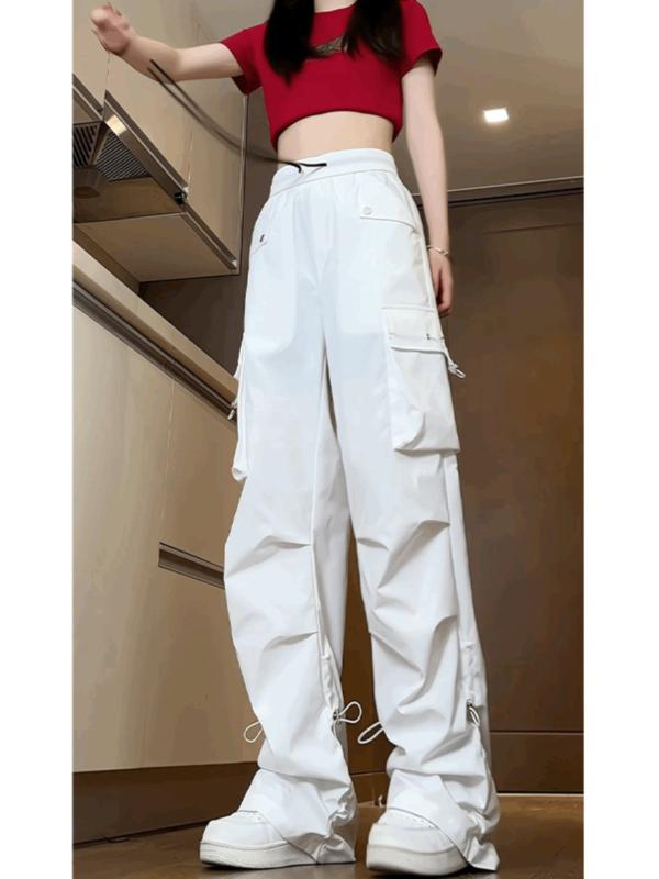 Pants - メンズ 工装パンツ 港風 直筒 長ズボン 防水 多ポケット 機能性 薄手 ミックス素材 弾性 免烫 加工 黒 灰 休闲 スタイル オールシーズン 青春 流行 中腰 系紐 閉襟 青少年 向け 基本 款 ゆったり シルエット 純色 無地 微弾力 化繊 混紡