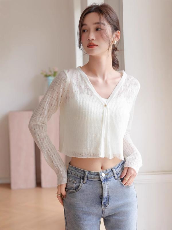 ニット 開衫 ショールカーディガン レディース 夏用 長袖 Vネック 切り替え 刺繍 薄手 防晒 外套 上衣 短め 綿混 粘膠繊維 軽量 ゆったり 浅ブルー 浅グリーン ホワイト 杏色 日韓カジュアル 快適 リラックス 日常使い