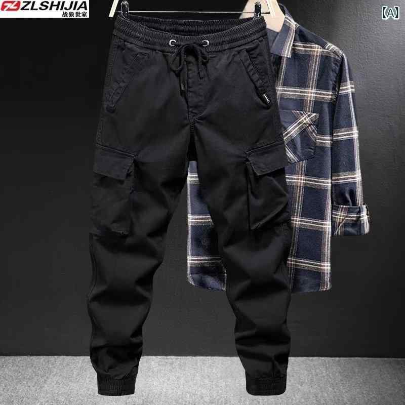 メンズ 工装パンツ 春季 秋季 ワイドレッグ 九分丈 ミッドライズ 厚手 化繊混紡 ポリエステル 耐摩耗 ストレートレッグ 無弾性 黒 グレ..
