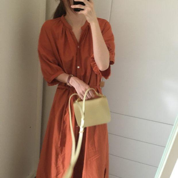 ワンピース 女性用 単排ボタン シンプル ラウンドネック ソリッドカラー ランプ袖 シャツワンピース ミドル丈 Aライン 長袖 ルーズフィ..