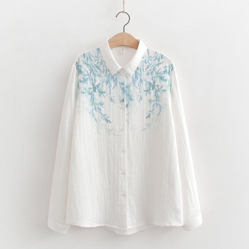 レディース 開衫 長袖 シャツ 刺繍 プリント コットン 素材 ゆったり シルエット 気質 通勤 スタイル 快適 日常 着用 秋冬 トップス ブラウス チュニック ボタン デザイン 葉柄 パターン 翻領 袖 普通 丈 ニュートラル カラー ベージュ グレ