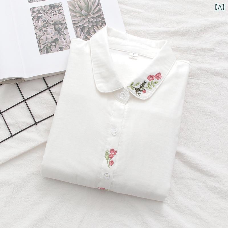 レディース 開衫 長袖 シャツ 刺繍 プリント コットン 素材 ゆったり シルエット 気質 通勤 スタイル 快適 日常 着用 秋冬 トップス ブラウス チュニック ボタン デザイン 葉柄 パターン 翻領 袖 普通 丈 ニュートラル カラー ベージュ グレ 2
